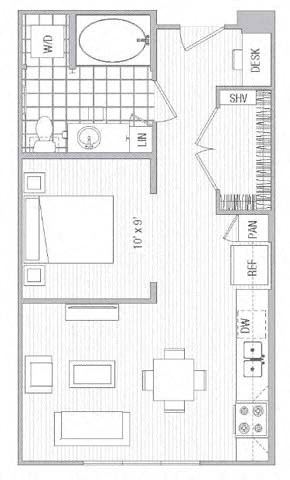 Floor plan for studio, 1 bath, 571 sqft