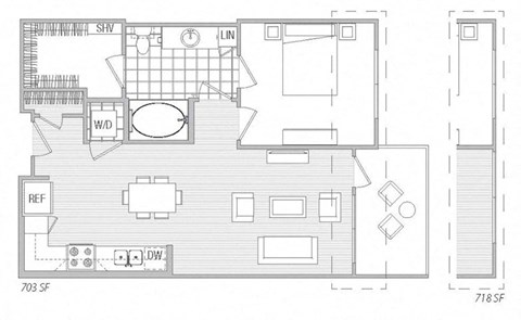 Floor plan for 1 bed, 1 bath, 726 sqft