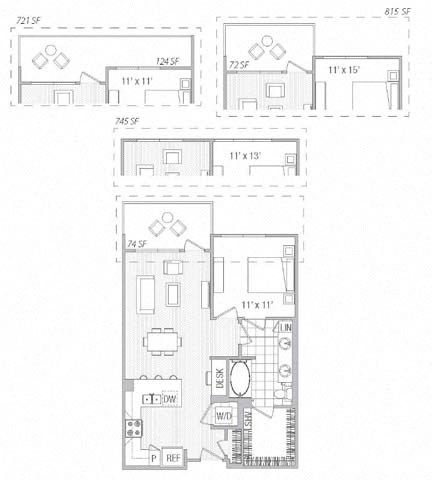 Floor plan for 1 bed, 1 bath, 745 sqft