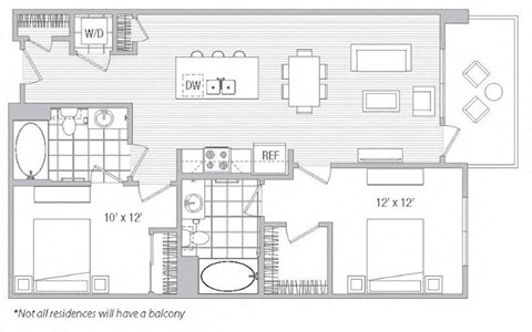Floor plan for 2 beds, 2 baths, 995 sqft