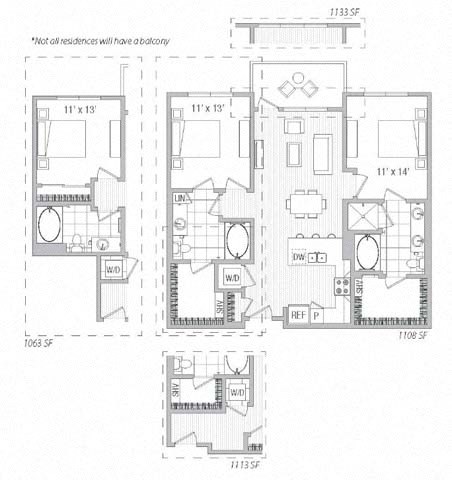 Floor plan for 2 beds, 2 baths, 1143 sqft