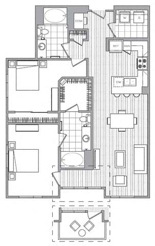 Floor plan for 2 beds, 2 baths, 1225 sqft