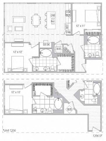 Floor plan for 2 beds, 2 baths, 1206 sqft