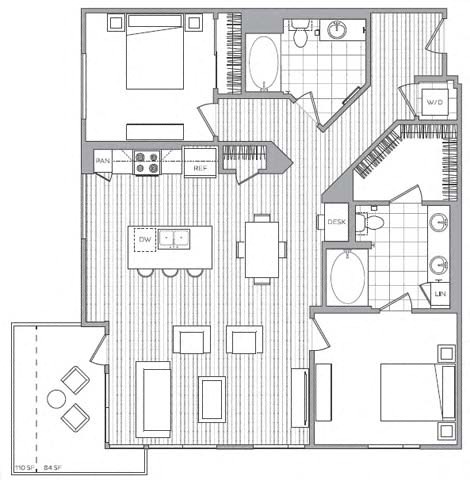 Floor plan for 2 beds, 2 baths, 1236 sqft