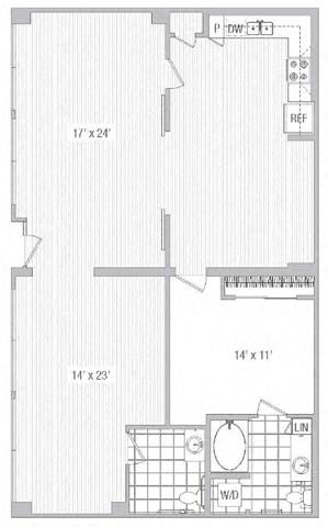 Floor plan for 1 bed, 1.5 baths, 1479 sqft