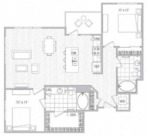 Floor plan for 2 beds, 2 baths, 1217 sqft