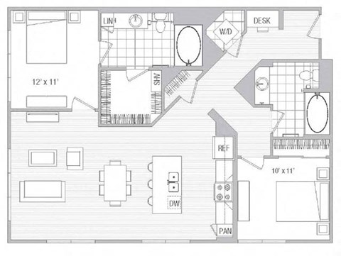 Floor plan for 2 beds, 2 baths, 1232 sqft