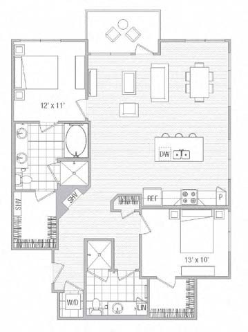 Floor plan for 2 beds, 2 baths, 1317 sqft