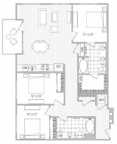 Floor plan for 3 beds, 2 baths, 1344 sqft