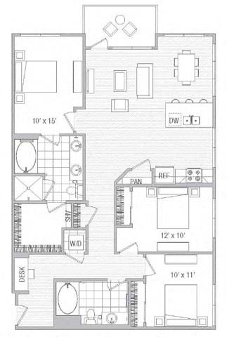Floor plan for 3 beds, 2 baths, 1398 sqft