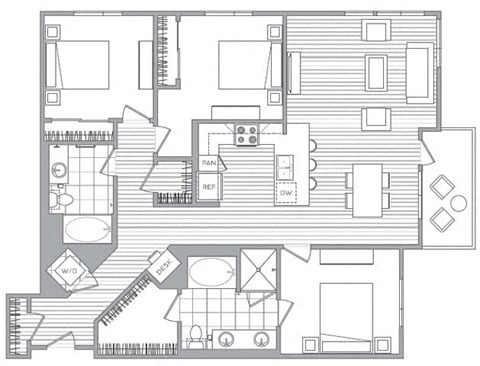 Floor plan for 3 beds, 2 baths, 1518 sqft