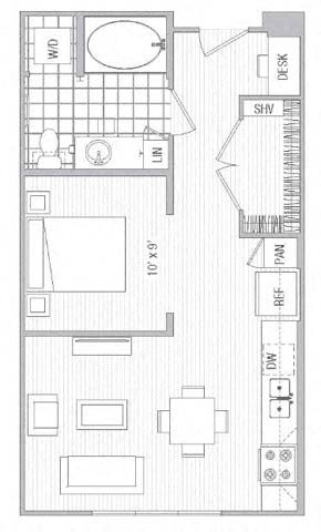 Floor plan for studio, 1 bath, 571 sqft