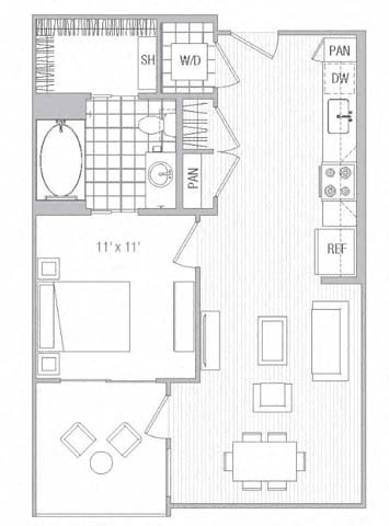Floor plan for 1 bed, 1 bath, 615 sqft