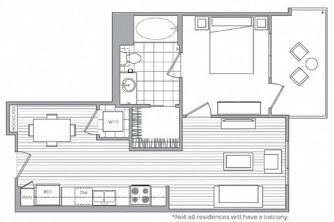 Floor plan for 1 bed, 1 bath, 626 sqft
