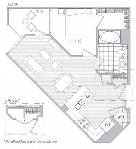 Floor plan for 1 bed, 1 bath, 678 sqft