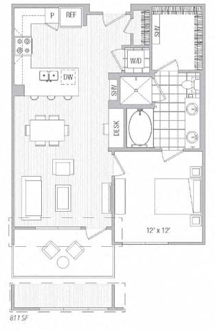 Floor plan for 1 bed, 1 bath, 811 sqft
