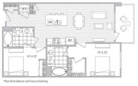 Floor plan for 2 beds, 2 baths, 988 sqft