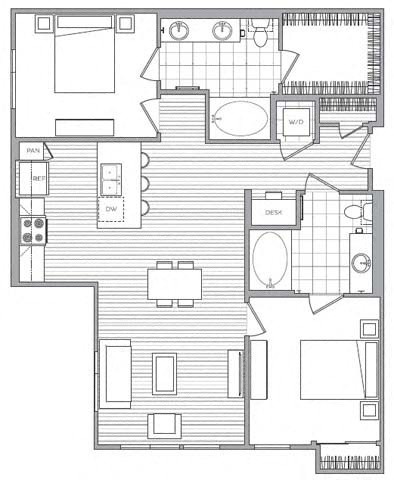 Floor plan for 2 beds, 2 baths, 1108 sqft