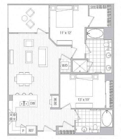 Floor plan for 2 beds, 2 baths, 1147 sqft