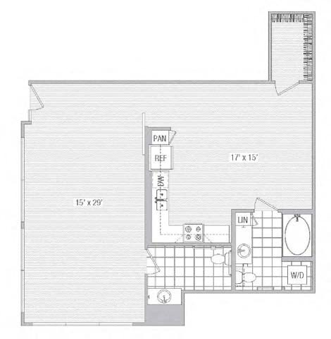 Floor plan for 1 bed, 1.5 baths, 1056 sqft
