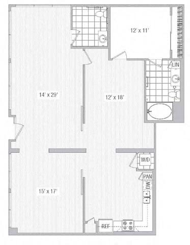 Floor plan for 1 bed, 1.5 baths, 1421 sqft