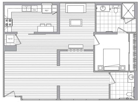 Floor plan for 1 bed, 2 baths, 1205 sqft