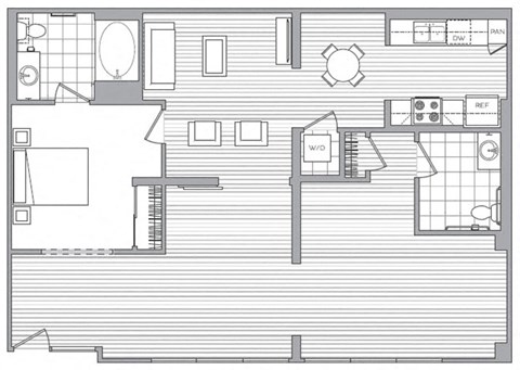 Floor plan for 1 bed, 2 baths, 1268 sqft