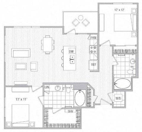 Floor plan for 2 beds, 2 baths, 1217 sqft