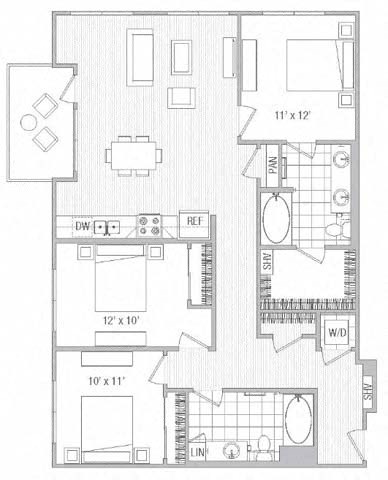 Floor plan for 3 beds, 2 baths, 1344 sqft