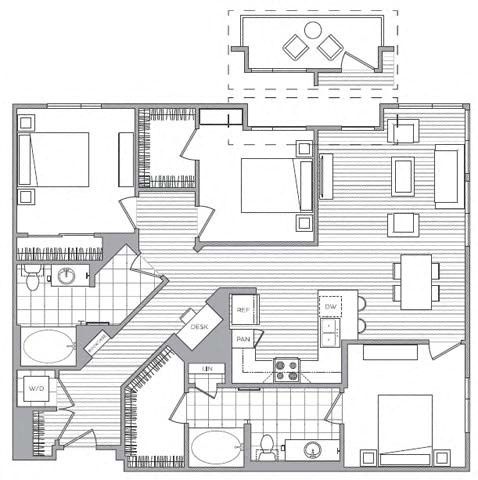 Floor plan for 3 beds, 2 baths, 1392 sqft