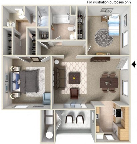 Floor plan for 2 beds, 2 baths, 1030 sqft