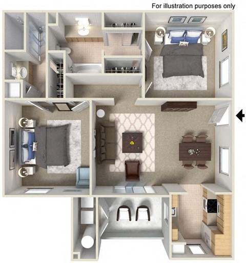 Floor plan for 2 beds, 2 baths, 1030 sqft