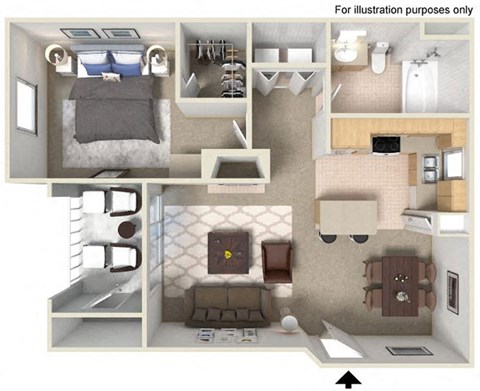 Floor plan for 1 bed, 1 bath, 688 sqft
