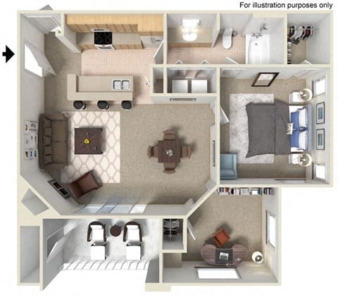 Floor plan for 1 bed, 1 bath, 859 sqft