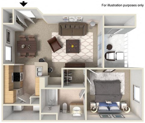 Floor plan for 1 bed, 1 bath, 629 sqft