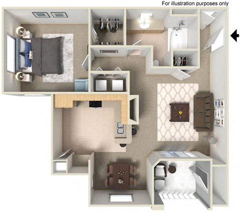 Floor plan for 1 bed, 1 bath, 821 sqft