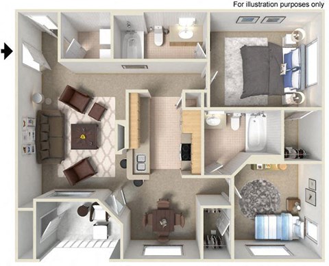 Floor plan for 2 beds, 2 baths, 987 sqft