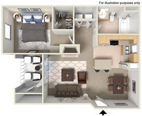 Floor plan for 1 bed, 1 bath, 688 sqft