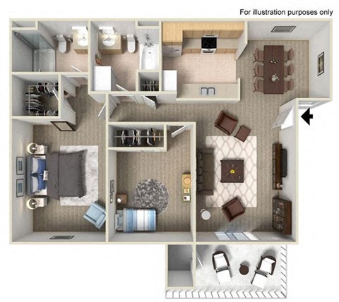 Floor plan for 2 beds, 2 baths, 922 sqft
