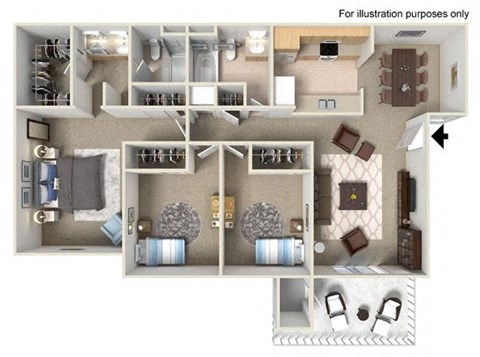 Floor plan for 3 beds, 2 baths, 1160 sqft