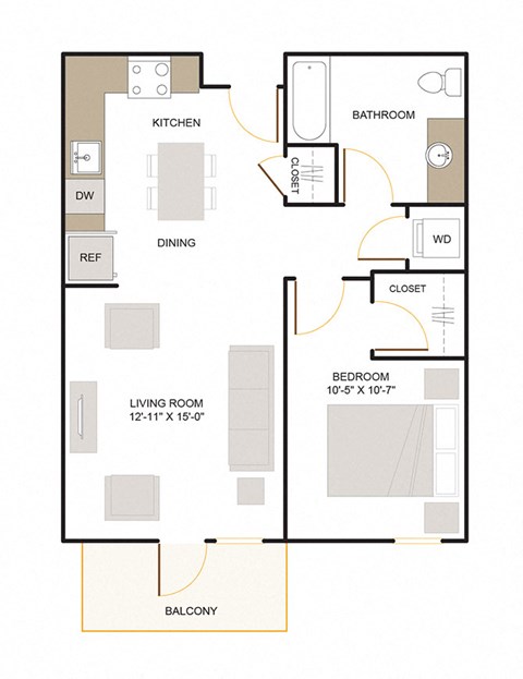 Floor plan for 1 bed, 1 bath, 726 sqft