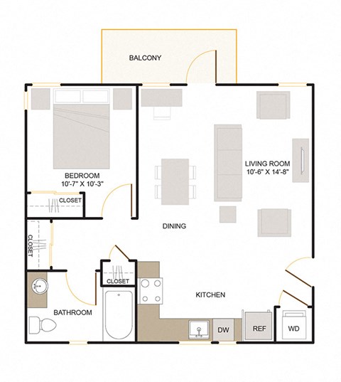 Floor plan for 1 bed, 1 bath, 754 sqft