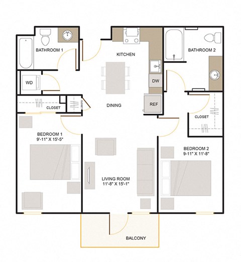 Floor plan for 2 beds, 2 baths, 980 sqft