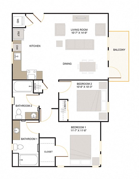 Floor plan for 2 beds, 2 baths, 1042 sqft
