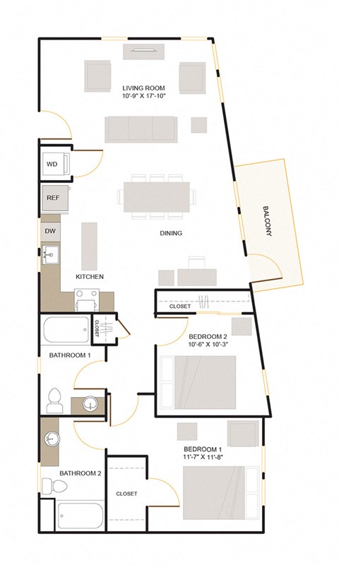 Floor plan for 2 beds, 2 baths, 1162 sqft