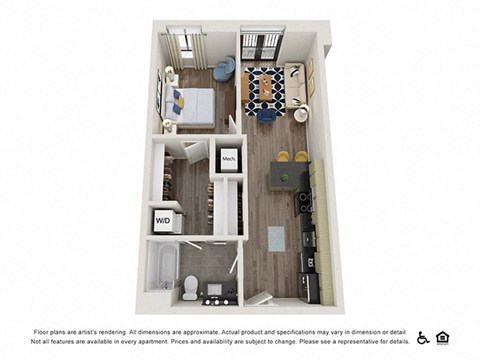 Floor plan for 1 bed, 1 bath, 562 sqft