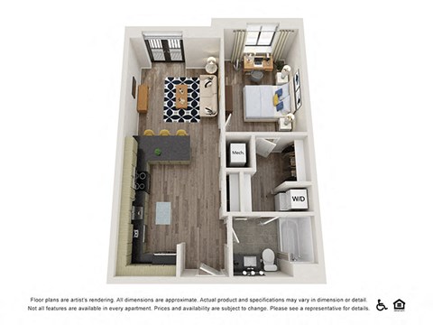 Floor plan for 1 bed, 1 bath, 647 sqft