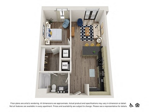 Floor plan for 1 bed, 1 bath, 656 sqft