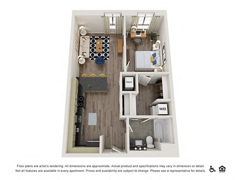 Floor plan for 1 bed, 1 bath, 673 sqft