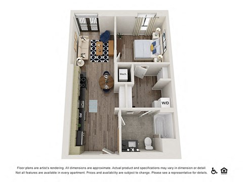 Floor plan for 1 bed, 1 bath, 606 sqft